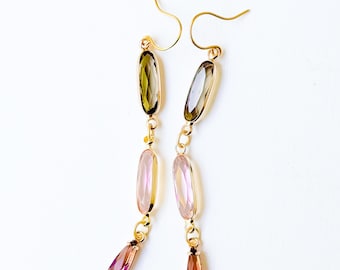 Long Color Block Glass Earrings, Long Faceted Dangle Earrings, Modern Gold Jewelry