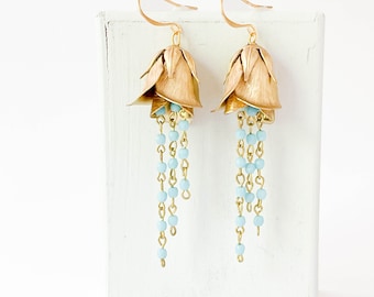 long flower earrings, bridal statement earrings, flower earrings, blue bridal earrings, earrings for flower lover, gold flower earrings