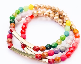 Set of three Stacking Bracelet, Colorful Bracelet , color block Bead bracelet, Stretch Bracelet, Boho Bracelet, beaded bracelet,