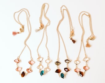 Faceted Glass Pendant Necklace, Colorful Statement Necklace, Gold Chain Jewelry
