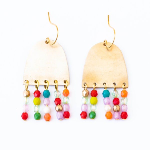 Brass Fringe Earrings, beaded earrings, Fringe Earrings, colorful Earrings, colorful bead earrings, Gift for Her, gift for wife