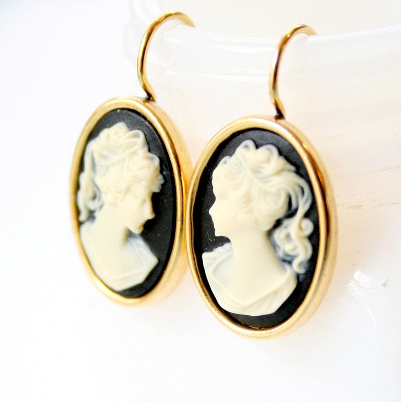 Black Cameo Earrings, Cameo Earrings, Victorian Earrings, Romantic Earrings, Regency Earrings, Gold Cameo Earrings, Small Cameo Earrings image 2
