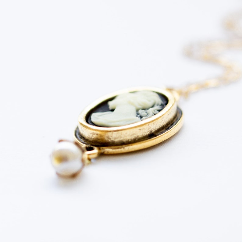 Cameo Necklace, Black Cameo Necklace, Victorian necklace, Cameo pendant, cameo jewelry, Cameo and pearl necklace, Lady cameo image 4
