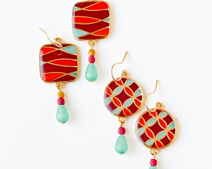 Red Boho Dangle Earrings, Boho style earrings, colorful boho earrings, Colorful statement earrings, vibrant bold color earrings