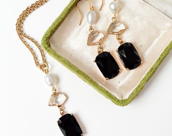 Jewelry Set, Black Glass & Freshwater Pearl Necklace and Earrings, Wedding Gift