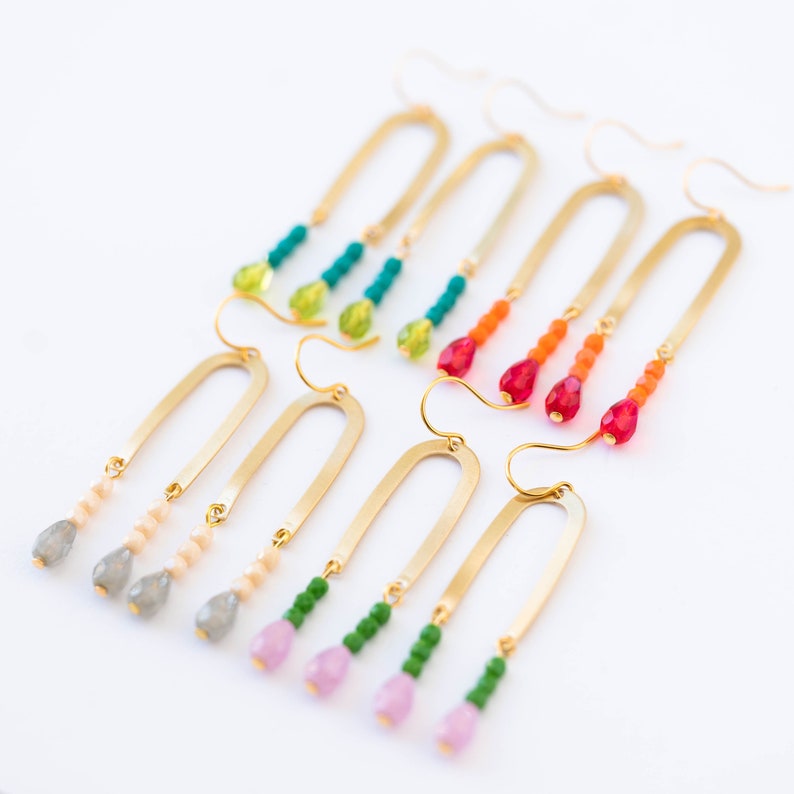 Brass Fringe Earrings, U shaped beaded earrings, Fringe Earrings, Colorful Earrings, colorful bead earrings, Gift for Her, gift for wife image 5