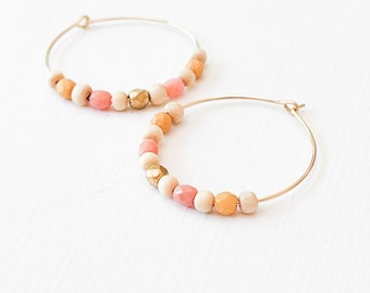 Gold filled hoops with Tiny pink beads, Gold filled hoops with wood beads, Pink hoops, Pink and gold hoops, Pink bead hoops, hoops for teen