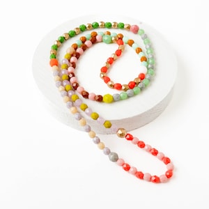 Long Pastel Czech Glass Beaded Necklace: Boho Spring Style