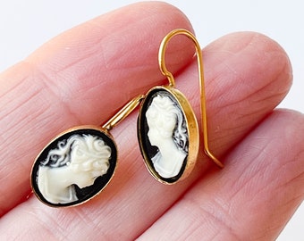 Small Black Cameo Earrings: 24K Gold Plated, Victorian Style