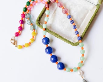 Handmade Colorful Glass Bead Necklace with Pearl Drop Pendant