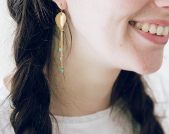 Botanical Earrings, leaf earrings, Long botanical earrings, Long turquoise earrings, long botanical wedding earrings, turquoise earrings