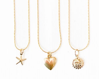 Gold filled charm necklace, dainty gold filled necklace, heart necklace, gold filled starfish necklace, sun necklace, necklace for my wife
