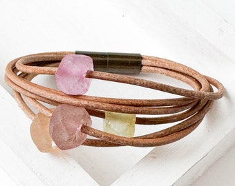 Natural Cord Leather and with Recycle beads and magnetic Clasp,  Magnetic Bracelet, beaded Magnetic leather Bracelet, Pastel Beads