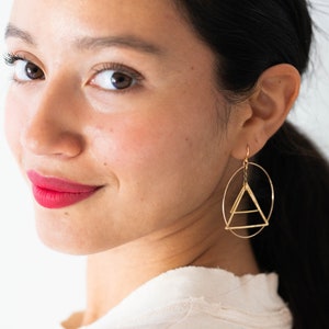 Mobile earrings, Kinetic earrings, triangle earrings, Modern earrings, Circle earrings, Gold hoops, Triangle Jewelry, big earrings, hoops image 1