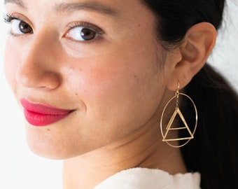 Mobile earrings, Kinetic earrings, triangle earrings, Modern earrings, Circle earrings, Gold hoops, Triangle Jewelry, big earrings, hoops