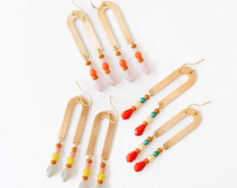 Brass Arch Dangle Earrings: Glass Beads, Boho Handmade Jewelry