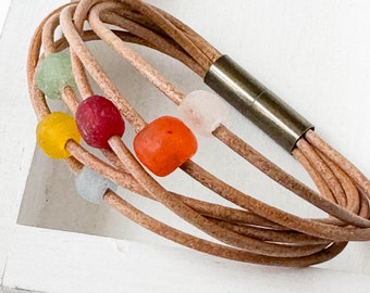 Natural Cord Leather and with colorful Recycle beads and magnetic Clasp,  Magnetic Bracelet, beaded Magnetic leather Bracelet,