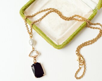 Freshwater Pearl Necklace, Faceted Glass Pendant, Romantic Gold Chain Jewelry