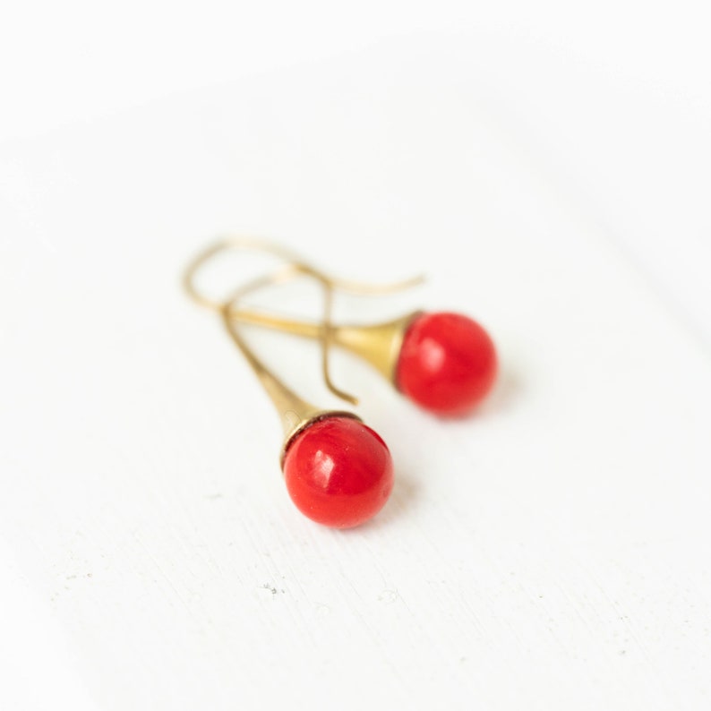 red Coral earrings, coral drop earrings, coral teardrop earrings, red coral earrings, red coral dangle earrings, coral gemstone earrings image 3