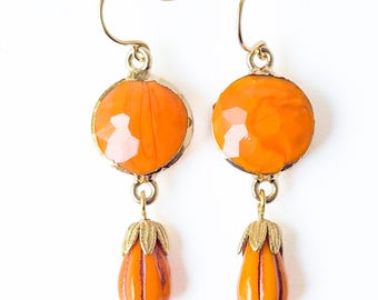 Orange Glass Drop Earrings, Fall Earrings, Faceted Orange Glass Jewelry, Autumn Jewelry, Pumpkin Orange Earrings, Boho Gift for Her