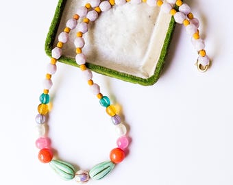 Colorful Beaded Necklace for Women, Pastel Statement Necklace, Freshwater Pearl Jewelry, Boho Summer Necklace, Unique Gift for Her