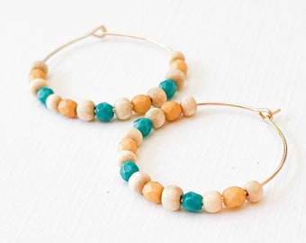 Gold Filled Hoops With Turquoise Beads, hoop with beads, little wooden beads, Botanical lover hoops, natural gold hoops, vegan hoops