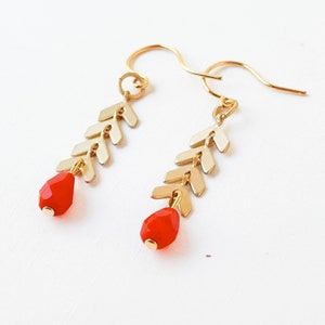Gold Chevron Earrings with Red Bead: Handmade Dangle Earrings