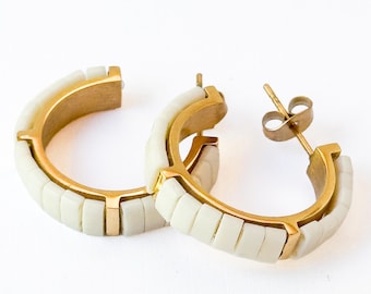 Small  White Gold-Plated Tila Bead Hoop Earrings
