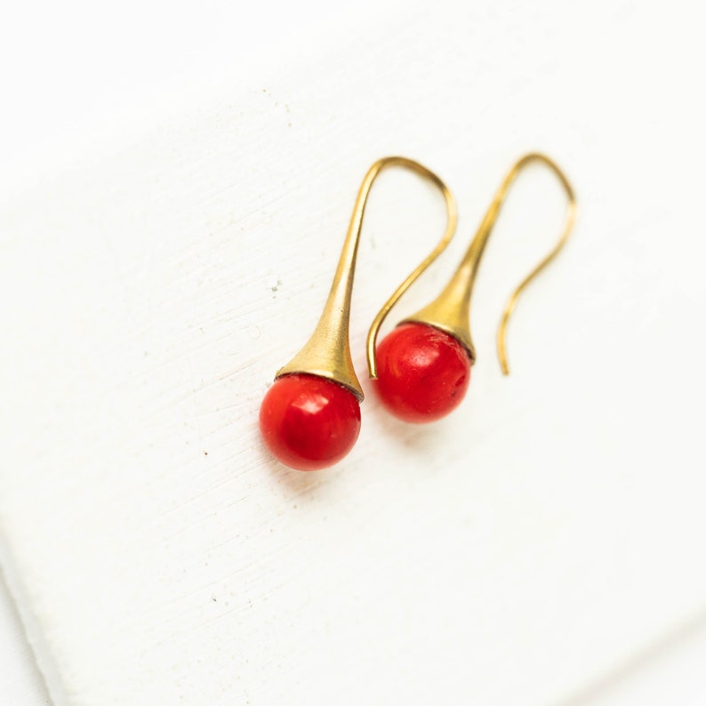 red Coral earrings, coral drop earrings, coral teardrop earrings, red coral earrings, red coral dangle earrings, coral gemstone earrings image 4