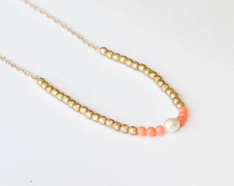 Delicate pearl Necklace, dainty pearl Necklace, Dainty coral Necklace, coral and pearl necklace, Short Necklace with,  Tiny coral and pearl