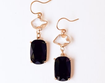 Romantic Glass Earrings, Black and Clear Faceted Earrings, Festive Gold Jewelry
