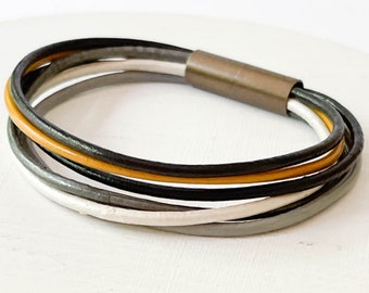 Black Leather bracelet, Thin leather bracelet, Multi-strand Leather Bracelet for women, Curved Tube Bracelet, genuine leather bracelet