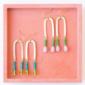 Brass Fringe Earrings, U shaped beaded earrings, Fringe Earrings, Colorful Earrings, colorful bead earrings, Gift for Her, gift for wife image 2