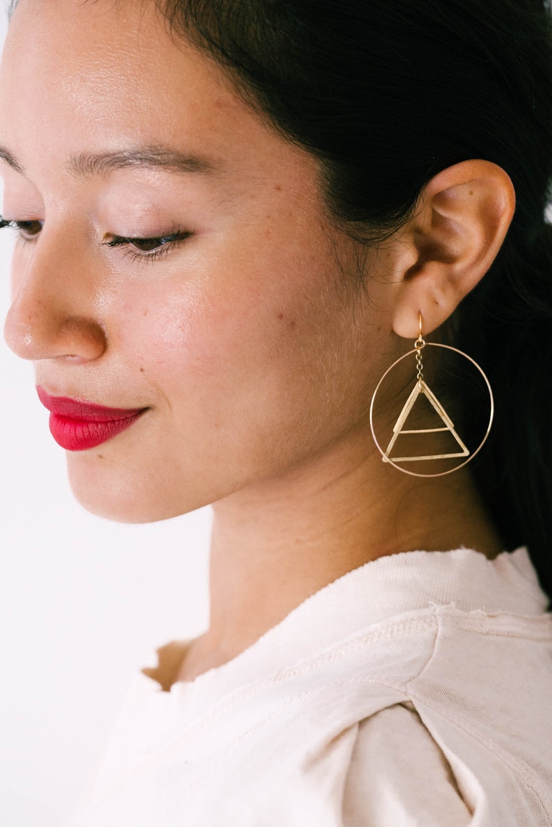 Mobile earrings, Kinetic earrings, triangle earrings, Modern earrings, Circle earrings, Gold hoops, Triangle Jewelry, big earrings, hoops image 4