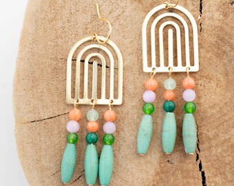 Turquoise chandeliers, turquoise earrings, long turquoise earrings, coral chandeliers, Jade  earrings, jade jewelry, arch chandeliers