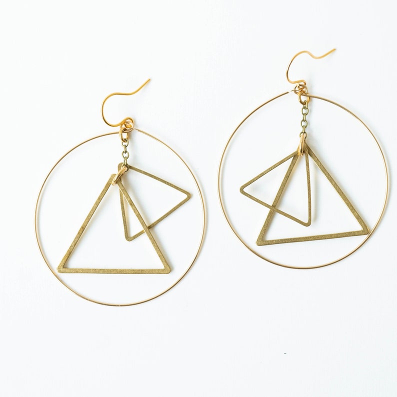 Mobile earrings, Kinetic earrings, triangle earrings, Modern earrings, Circle earrings, Gold hoops, Triangle Jewelry, big earrings, hoops image 7