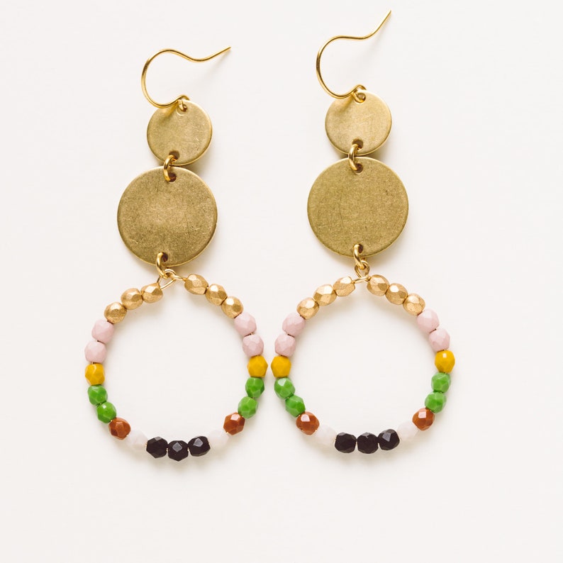 Dangle Hoop Earrings Bead and Brass Earrings Statement Etsy
