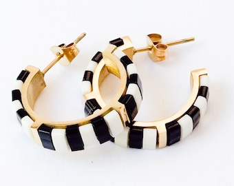 Small Gold-Plated Tila Bead Hoop Earrings In Black And White
