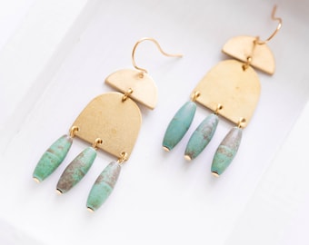 Turquoise earrings, long Turquoise earrings, Turquoise Magnesite earrings, Brass and Turquoise Earrings, Long earrings, brass earrings, boho