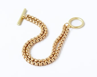 Matte Gold Double Chain Bracelet: Chunky Rolo Link, Toggle Closure