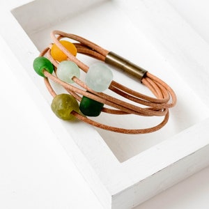 Natural Cord Leather and with Recycle beads and magnetic Clasp, Magnetic Bracelet, beaded Magnetic leather Bracelet, Multi cord bracelet, image 3