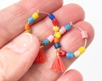 Small Gold Filled Hoops with Recycled seed beads, seed bead hoops, colorful seed bead hoops, gold-filled hoops, recycled glass hoops