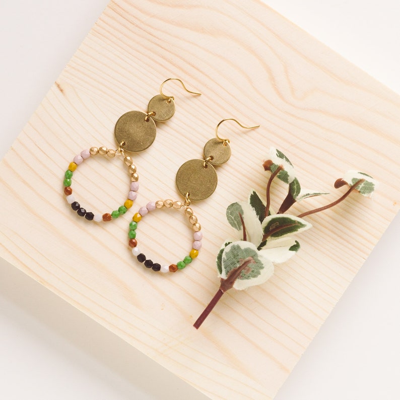 Dangle Hoop Earrings Bead and Brass Earrings Statement Etsy