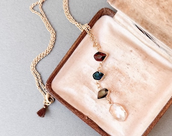 Romantic Long Faceted Glass Pendant Necklace, Color Block Necklace, Gold Chain Jewelry,  Charm Necklace