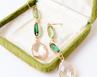 Long Green Statement Earrings for Women, Faceted Glass Dangle Earrings, Lightweight Gold Drop Jewelry, Wedding Guest Party Earrings