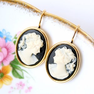 Black Cameo Earrings, Cameo Earrings, Victorian Earrings, Romantic Earrings, Regency Earrings, Gold Cameo Earrings, Small Cameo Earrings image 3