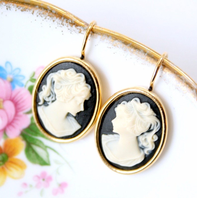 Black Cameo Earrings, Cameo Earrings, Victorian Earrings, Romantic Earrings, Regency Earrings, Gold Cameo Earrings, Small Cameo Earrings image 3