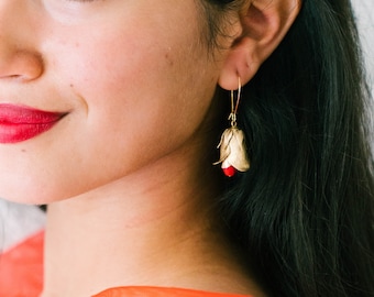 Red Flower Dangle Earrings, Red Earrings, Ruby Red Earrings, flower earrings, botanical earrings, floral earrings, Long flower earrings