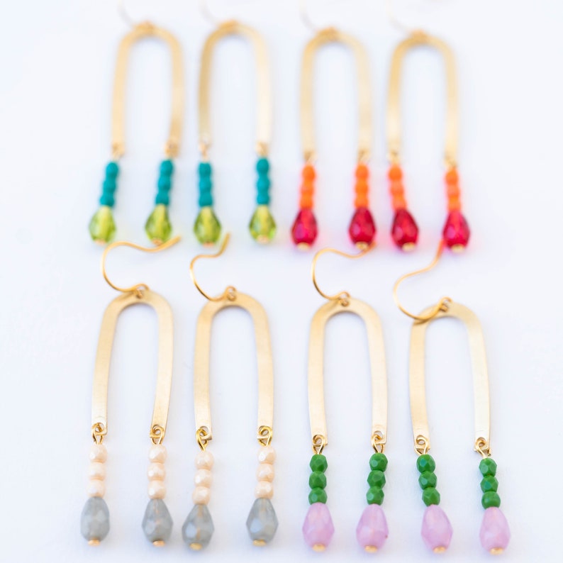 Brass Fringe Earrings, U shaped beaded earrings, Fringe Earrings, Colorful Earrings, colorful bead earrings, Gift for Her, gift for wife image 4