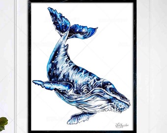 Shark poster, Humpback whale print Blue shark print, Abstract wall art Modern canvas painting, Bathroom wall art Nautical coastal wall decor